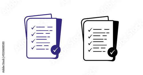 Blue and black document icons with checkmarks. Signifies approved, completed, or validated files. Ideal for task completion or successful operations.