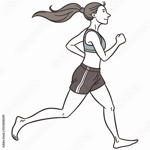 Woman with brown ponytail running barefoot wearing gray sports bra and dark gray shorts on white background