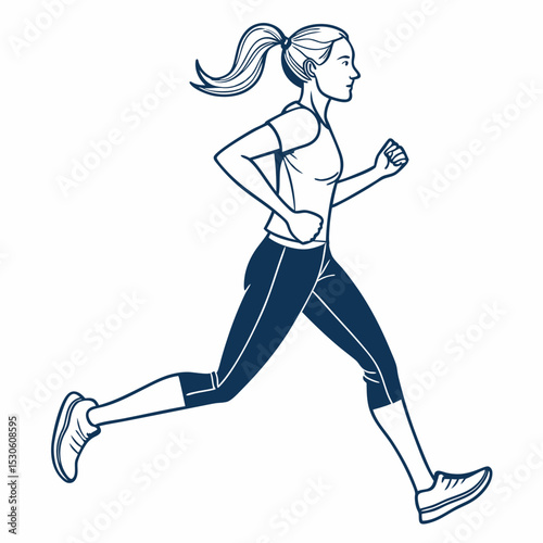 Woman with ponytail running athletic apparel dark blue line art illustration white background fitness exercise jogging sport active lifestyle female runner side profile