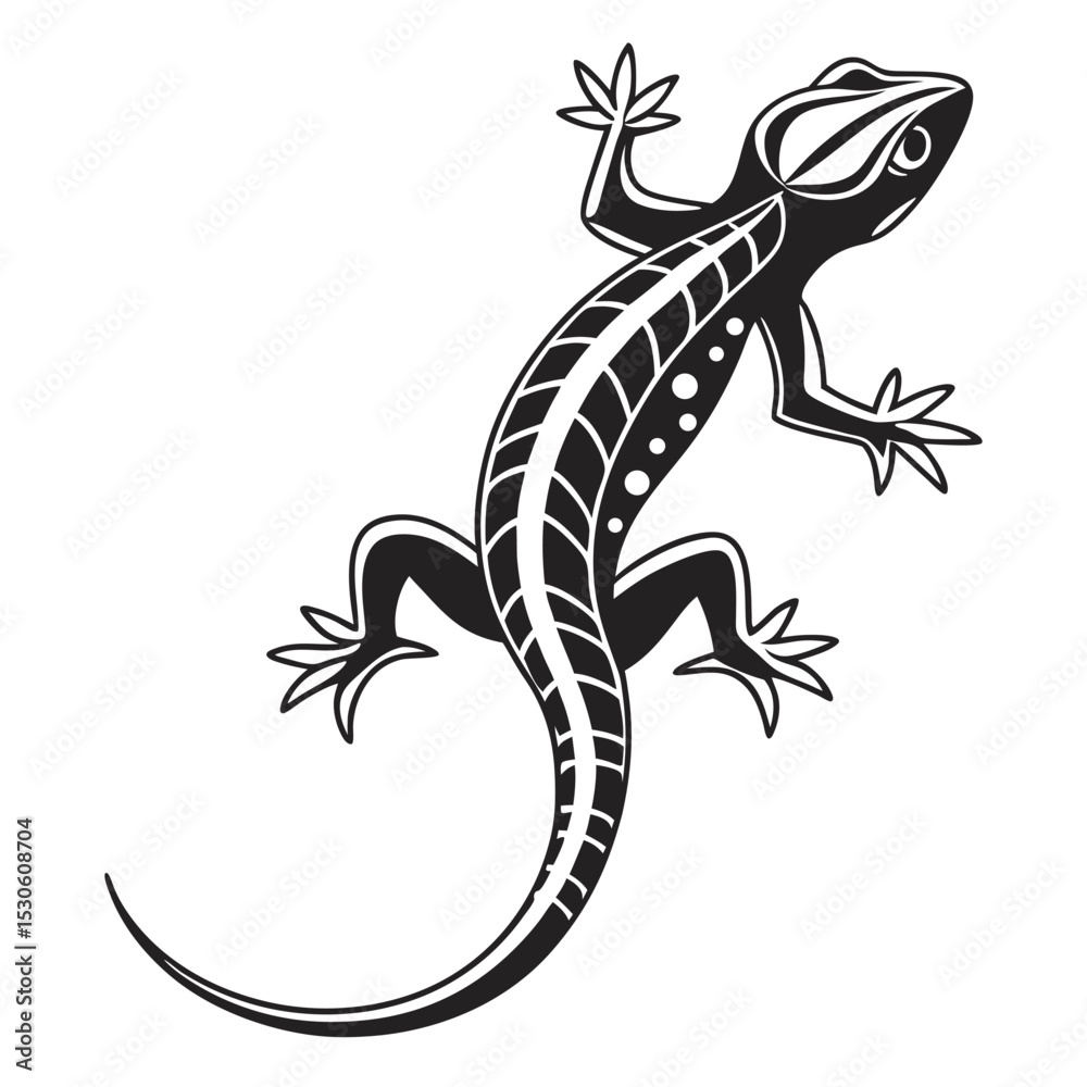 Fototapeta premium Stylized monochrome lizard creeps upward with distinctive markings against a plain background perfectly