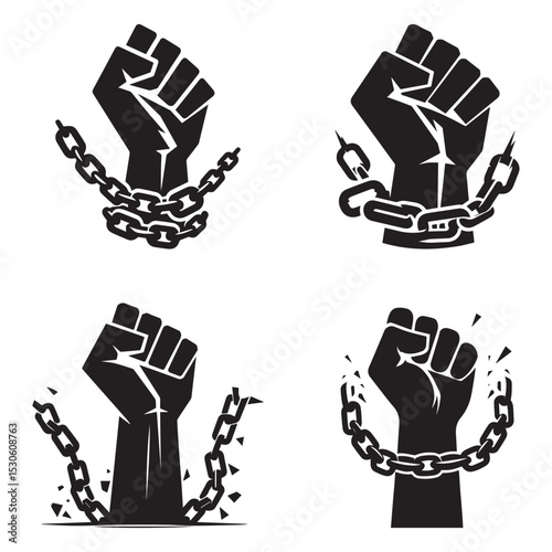 Silhouette vector of a raised fist breaking free from chains, strong bold shape, centered on pure white background, Juneteenth freedom concept, minimal design