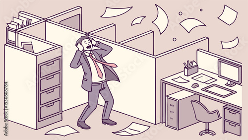 Frustrated businessman in office cubicle with flying papers and desk with computer and filling cabinet nearby