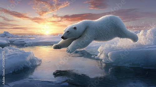 Polar Bear Leaping Across Ice Floes at Sunrise