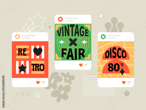 Retro posters and events - social media screens templates set