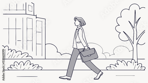 Illustration of a business person walking with a briefcase near a building and a tree in a park setting