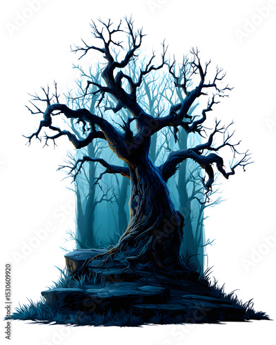 Gnarled oak tree in a spooky forest isolated on transparent background