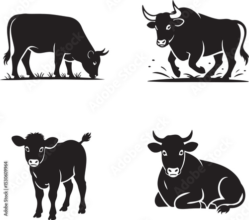 Cow silhouette set vector illustration isolated On Transparent Background