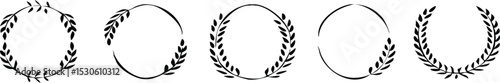 Set of black laurels wreath frames branches with circle borders. Hand drawn collection laurel leaves decorative elements. award, Leaves, invitation decoration, swirls, ornate. Vector icon illustratio