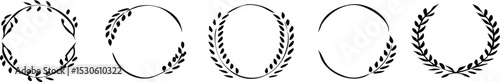 Set of black laurels wreath frames branches with circle borders. Hand drawn collection laurel leaves decorative elements. award, Leaves, invitation decoration, swirls, ornate. Vector icon illustratio