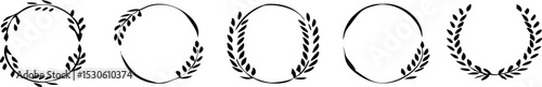 Set of black laurels wreath frames branches with circle borders. Hand drawn collection laurel leaves decorative elements. award, Leaves, invitation decoration, swirls, ornate. Vector icon illustratio