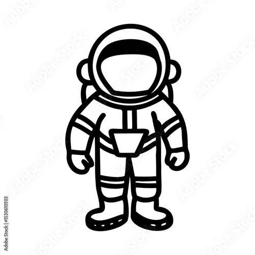 A simple line drawing of a cartoon astronaut in a space suit. The astronaut stands upright, wearing a helmet and boots, with a basic design.
