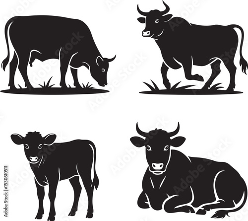 Cow silhouette set vector illustration isolated On Transparent Background