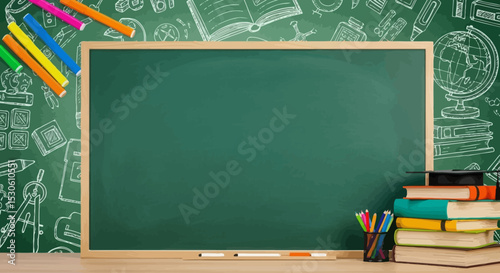 Blank Green Chalkboard with Books, Pens, and Graduation Cap Back to School Education Concept