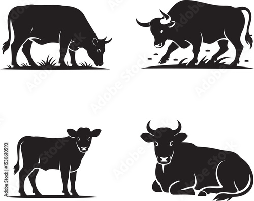 Cow silhouette set vector illustration isolated On Transparent Background