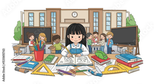 Happy Schoolgirl Studying with Friends in Classroom Illustration