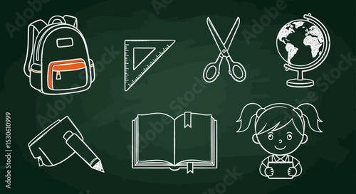 Back to School Chalkboard Illustration of School Supplies and Student