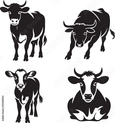 Cow silhouette set vector illustration isolated On Transparent Background