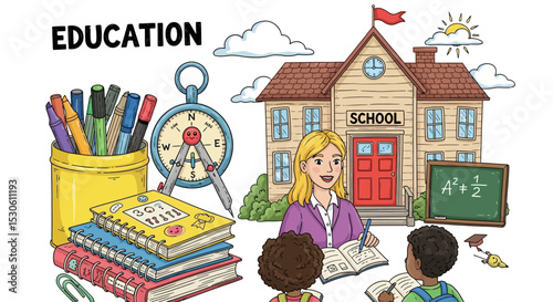 Back to School Illustration of Education, Teacher, and Students