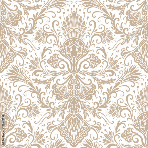 Damask style, white and brown colors, swirl ornament. Seamless floral pattern-745.