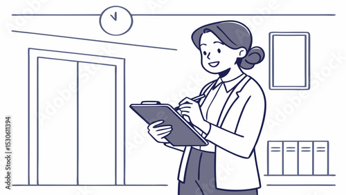 Woman in office taking notes on clipboard near elevator and clock with folders and framed picture