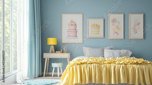 Youthful bedroom with a ruffled yellow bedspread, whimsical decor, pastel lamp, and cake-shaped rug. A desk and framed art create a creative, cozy vibe