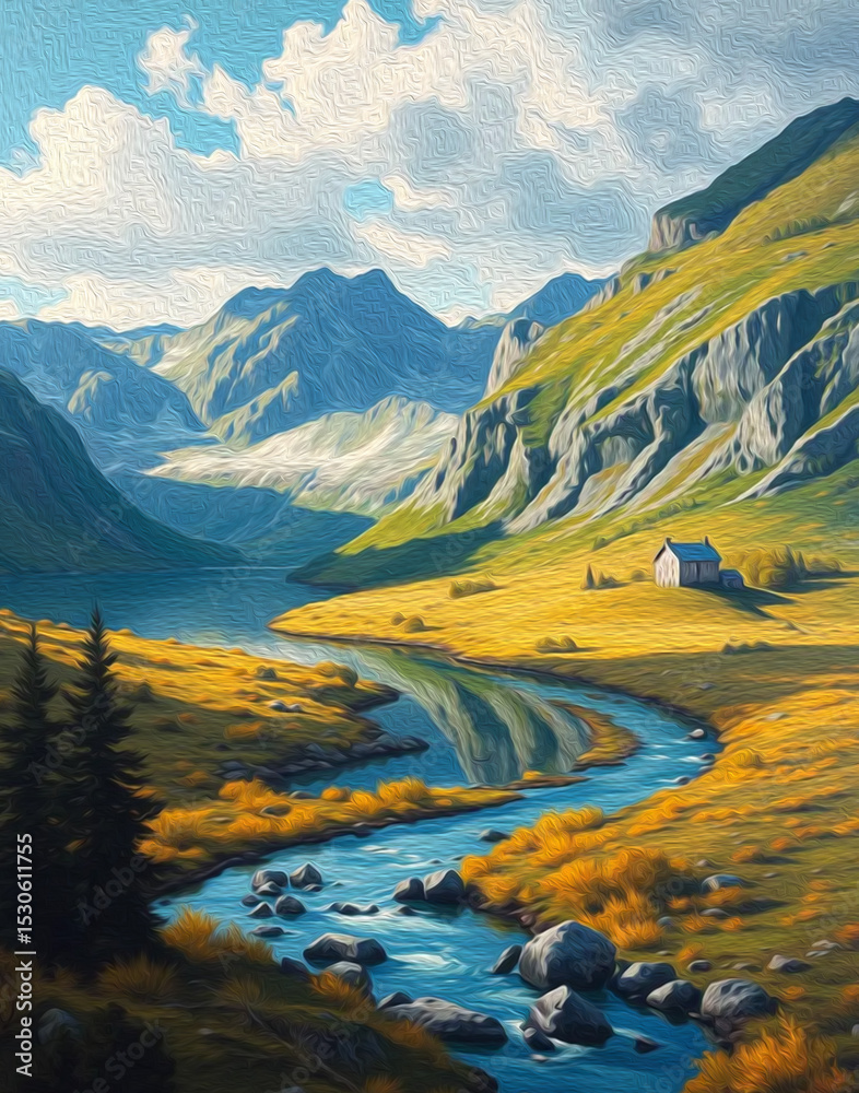 Obraz premium Mountain landscape. Pattern with oil paint for printing on wall decorations, covers, wallpapers