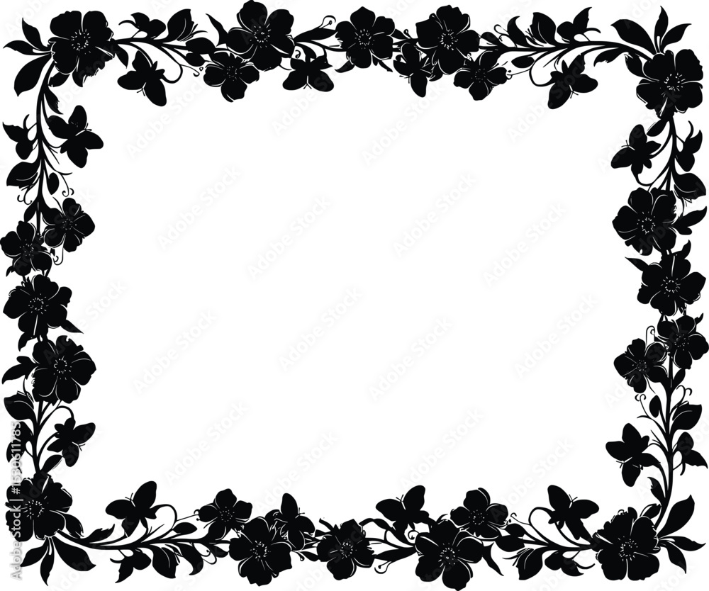 Fototapeta premium Elegant Black Floral Frame A Vector Illustration of a Decorative Border with Flowers and Butterflies