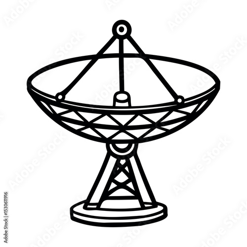 A black and white illustration of a satellite dish on a support structure. The dish is large and circular, designed for receiving signals.