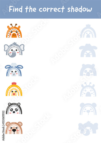 Preschool worksheet activity, logical games for kids, skill play puzzle, educational material for kindergarten, homeschooling, activity page. Find the correct shadow for each object. Fine motor skills