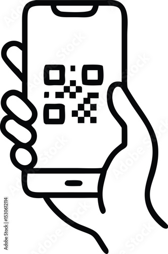 QR code scanning icon in smartphone. hand holding Mobile phone in line style, barcode scanner for pay, web, mobile app, promo. Vector illustration.