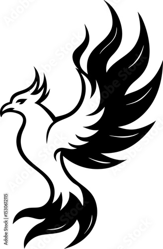 Bold black and white phoenix symbol rising ascending with wings and flames vector illustration