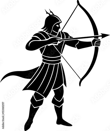Black and white silhouette illustration of an archer aiming an arrow