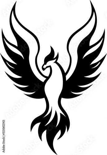 Elegant black and white phoenix emblem rising with wings spread in vector illustration