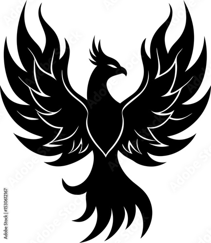 Majestic black phoenix symbol of rebirth and renewal rising with wings spread wide on white background