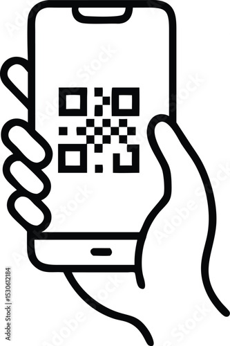 QR code scanning icon in smartphone. hand holding Mobile phone in line style, barcode scanner for pay, web, mobile app, promo. Vector illustration.
