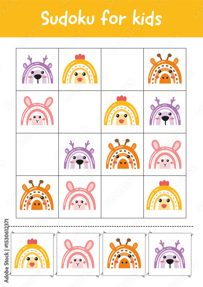 Fototapeta premium Printable worksheets, educational activities for children, logical games. Sudoku for kids, early learning activity for children. Improve attention and concentration, focus training for kids.