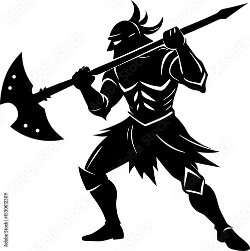 Silhouette of a warrior armed with an axe and spear in battle ready stance