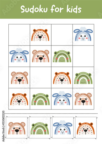 Learning activity page for kids. Printable worksheets for preschoolers and kindergarteners. Preschool kindergarten educational activity. Learning, early development game. Sudoku for kids.