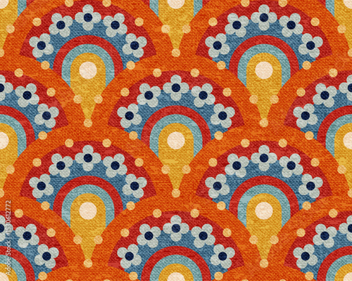 Seamless retro fan pattern. Bright radial motifs in warm textured colors. Vintage style geometric layout. Vector illustration.