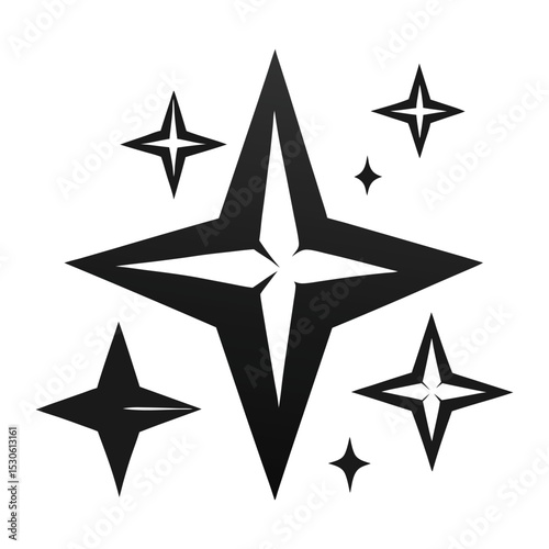 Stars sparkle compositions. Shine black stars stencil, isolated diverse sparkling elements Sky .