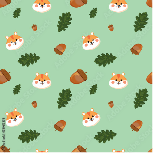  
Hamster, acorn, oak leaf, print, pattern, design, illustration, for material, fabric pattern, for packaging, for package, package, design, dishes, cup, for children, kids, green,