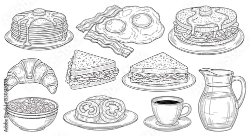 Hand Drawn Breakfast Food Collection - Vector Line Art Sketches
