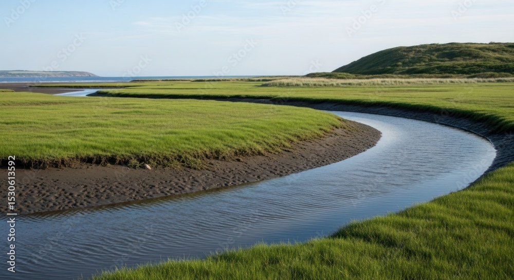 A scenic view of a winding river flowing through lush green fields under a clear blue sky landscape shot A scenic view of a winding river flowing through lush green fields under a clear blue sky landscape shot