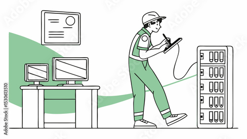 Technician in hard hat inspecting server rack with clipboard in office environment with computers