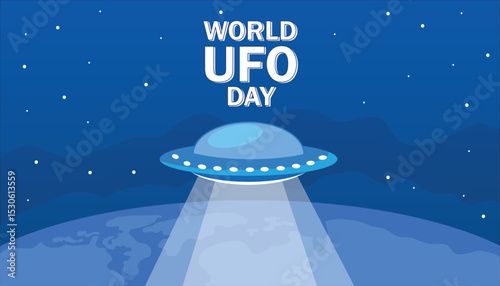 A cartoon-style UFO hovers above the Earth, emitting a beam of light. The background features a starry night sky, emphasizing the theme of extraterrestrial life.