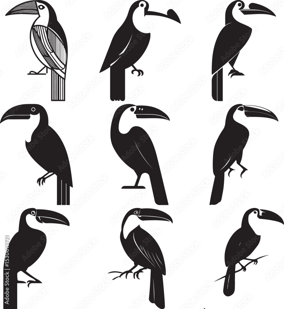 Naklejka premium Toucan Silhouette Set Featuring Nine Distinct Perched and Profile Poses in Stylized Black Vector Design