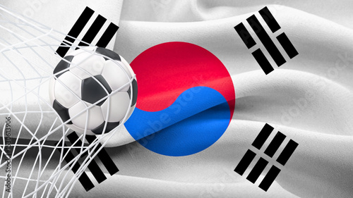 Football ball with the national flag of south Korea republic. Flag of south Korea republic. Horizontal Realistic waving flag of State of korea republic. Fabric textured flowing flag of korea republic.