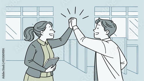 Two colleagues high fiving in an office setting with a window and cubicles in the background smiling happily