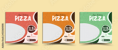 Set of fast food restaurant business marketing social media banner post template. Healthy and fresh party pizza sale online promotional ads flyer. Food menu burger or hamburger web banner with mockup