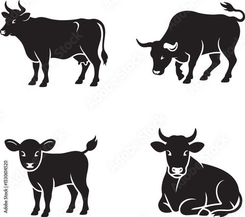 Cow silhouette set vector illustration isolated On Transparent Background